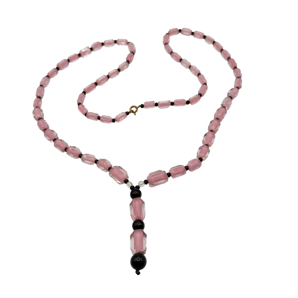 Vintage MCM Pink and Black Glass Cube Beaded Art Deco Style Necklace